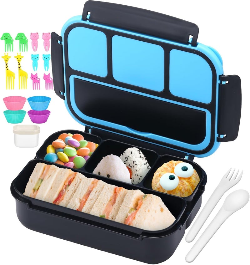 QQKO Bento Box for Kids Adults, School Toddler Lunch Box for Boys Girls, Lunch Box Containers with 4 Compartments, Sauce Container, Utensils, Food Picks and Muffin Cups for School, Black Blue - Image 1